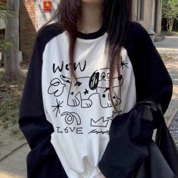 강아지 ZVZQ7609 시크한 프린트 배색 긴팔 티셔츠 JSC-d0079