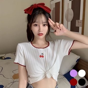 여름반팔 여성 상큼한 체리 자수 포인트 여름 반크롭 티셔츠