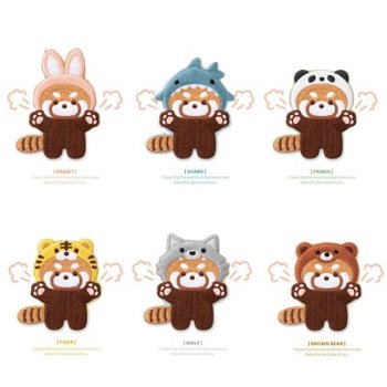 [무료배송]동물모자 쓴 레서판다 자수 와펜 패치 6종세트 (전신형)