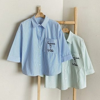 라뗴 자수 루즈핏 스트라이프 여성 면 반팔 남방 셔츠