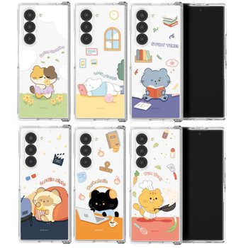 갤럭시 Z폴드 4 5 6 7 케이스 꽃냥 먀오 프렌즈의 하루 힌지보호 투명 하드 무선충전 풀커버 TRY