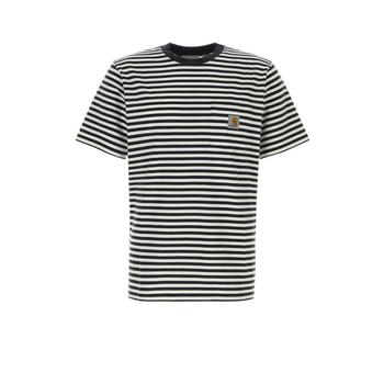 [해외] 칼하트 반팔 티셔츠 카하트 자수 코튼 반팔 에즈라 포켓 티셔츠 에즈라 스트라이프 블랙 왁스