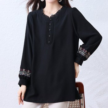 [퀸이즈] [99까지]긴팔 빅사이즈 레핀 소매패턴 롱슬리브 블라우스