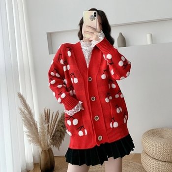 앵두 패턴 니트가디건_레드,크림