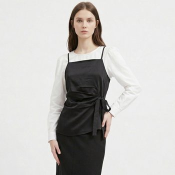 [샵앤] 여성 퍼프 긴팔 블라우스 옆리본 뷔스티에 조끼 세트 SHA-WSET-21165-블랙