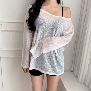 [옷자락] 여성 시스루 보트넥 롱슬리브 비키니 커버업 워터밤 티셔츠