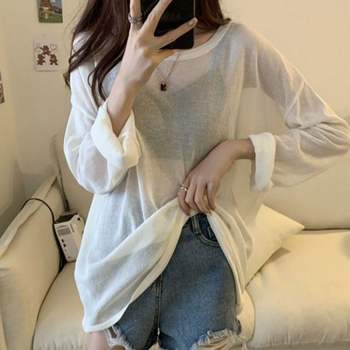 여성용 긴팔 시스루 비치 수영복 워터파크룩