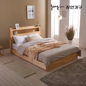 플랫 베이직 LED 고무나무 원목 수납침대 본넬매트 Q,착불