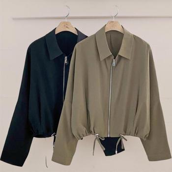 여성 심플 블랙 카키 카라넥 스트링 집업 점퍼