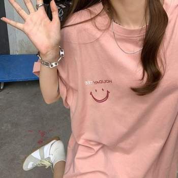 빅핏 스테디 스마일 로고 박스티 여름철 반소매티여유핏 레이디스 여성면티 코튼 반판