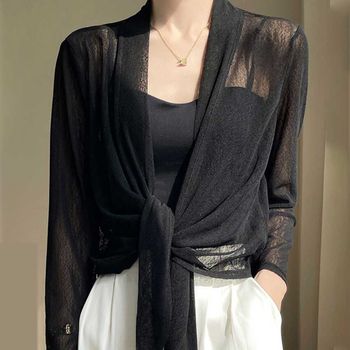 여름 오피스 룩 여성 시스루 썸머 스트랩 가디건 코디