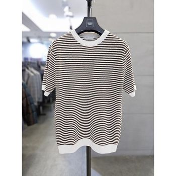 세이브존03  남자 브라운 단가라 라운드 반팔 니트 WSAFA2WR17 A_P418578198