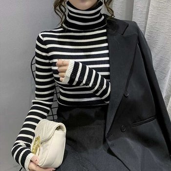 여자 겨울 직장인 출근 룩 스트라이프 목 폴라 니트 (WF2DB09)