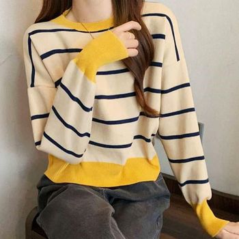 크롭 TRGR5281 세련된 여성 편한 티셔츠 줄무늬 니트