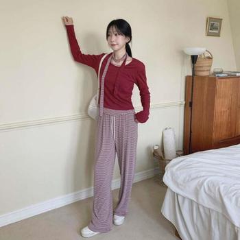 아트박스/신상오픈런 여성 스트라이프 초콜릿 라운드넥 긴팔 티셔츠