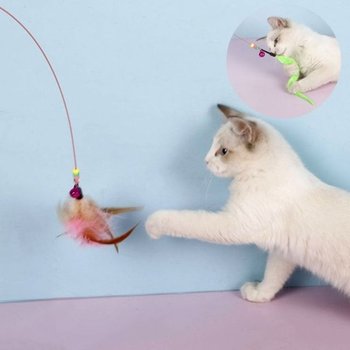 고양이 플라잉 롱 와이어 낚시대 깃털 애벌레 공 하트 고양이용품 고양이낚시대 고양이사냥놀이