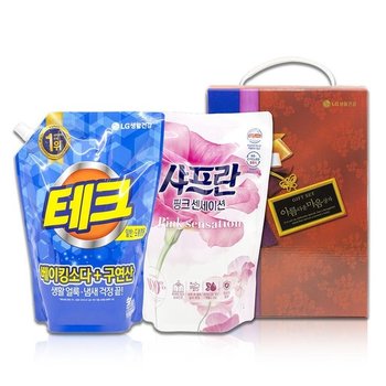 깔끔파워 테크 액체제세1L+샤프란 섬유유연제1L 추석 섬유유연제 빨래세제 세탁세제 선물세트
