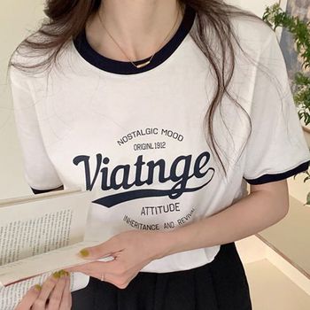 조지아나 라운드 레터링 배색 반팔 티셔츠_P362807241