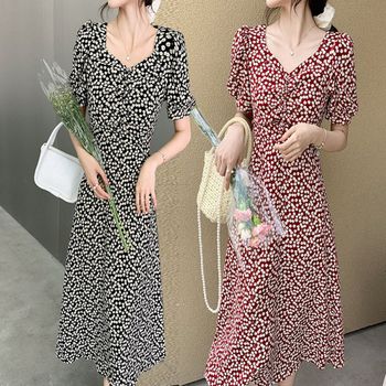 반팔 DLSS9314 시원한 어깨 여자 앵두 퍼프 여름 패턴 롱원피스