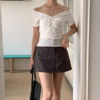 여자 여름 쿨 바스락 오프숄더 리본 슬림 티셔츠_P363227988