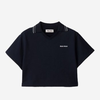 [해외] [해외배송] 미우미우 체스트 로고 콘트라스트 칼라 스티칭 티셔츠 MJNA41191L SOOOF0008