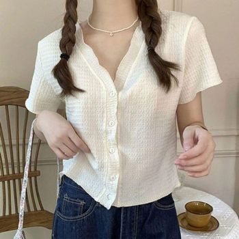 캐주얼 TFLE2080 모던한 여성 데일리 여름 브이넥 클래식 주름 반팔 예