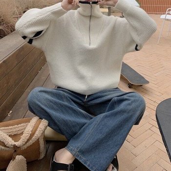 [아리엘스타일]배색포인트 일상코디 브베린반집업니트