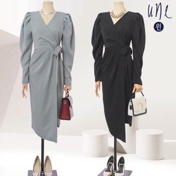 윈(une) 럭셔리핀턱퍼프랩셀럽원피스