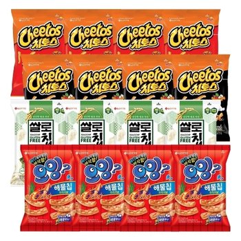 오잉 해물칩 75g x4개+치토스 2종(매콤달콤,바비큐)x4+쌀로별 들기름 김맛 50g x4