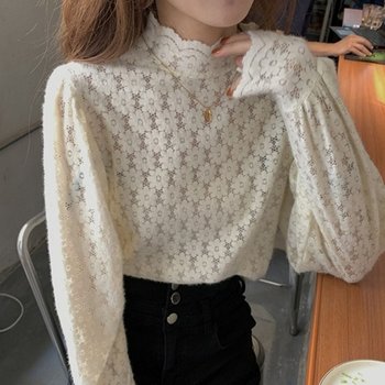 여성 이너 레이어드 하프넥 시스루 레이스 블라우스(HSJ-WDD9F24)