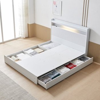 [보루네오]옷 이불 다 수납되는 조명침대 Q (본넬매트) KC713