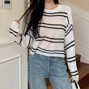 루즈핏 스트라이프 시스루 니트 2color DK-0393 (WFJ8VGY)