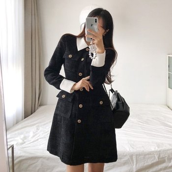 흐로닝언 포켓 배색 A라인 트위드 미니 원피스