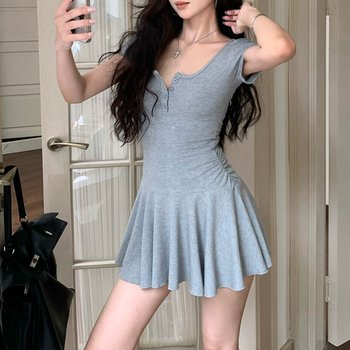 플로티에 (코디세트)라운드 버튼 반팔 미니원피스+이너 슬림핏 숏팬츠 투피스 세트 FL325822E