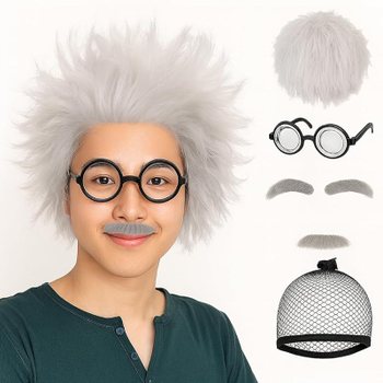 [해외] Maatsu 흰머리 가발 박사 할아버지 과학자 코스프레 웃음 가장 카츠라 수염 얼